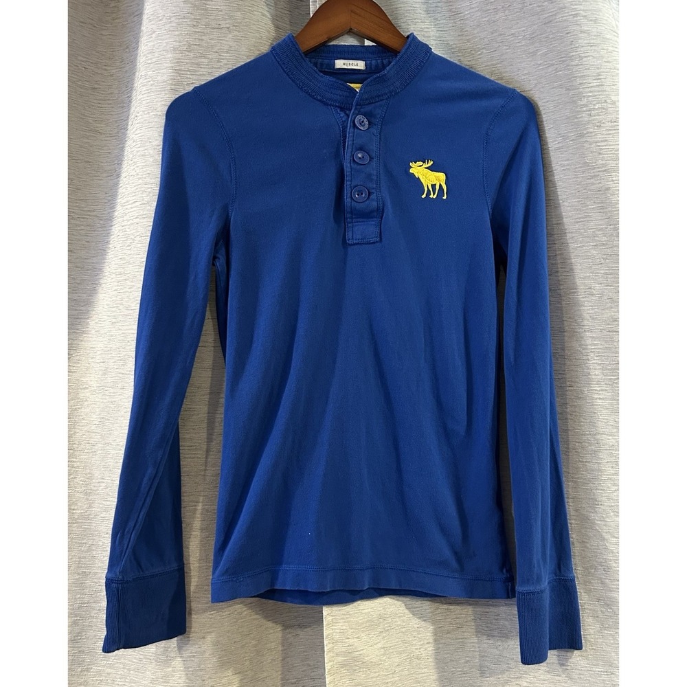 Vtg Abercrombie & Fitch Henley Shirt Muscle Fit Blue Yellow Moose Size Small Y2K